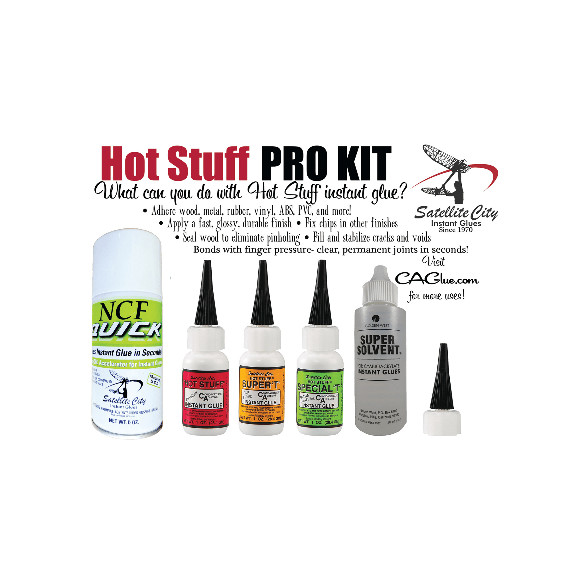 Satellite City HK-1 Hot Stuff Pro Kit- Complete CA Glue Set with Accelerator and Debonder - Direct Stone Tool Supply, Inc