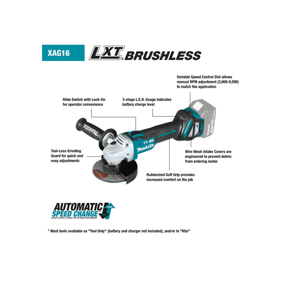 Makita XAG16Z 18V LXT® Lithium‑Ion Brushless Cordless 4‑1/2” / 5" Cut‑Off/Angle Grinder, with Electric Brake, Tool Only - Direct Stone Tool Supply, Inc
